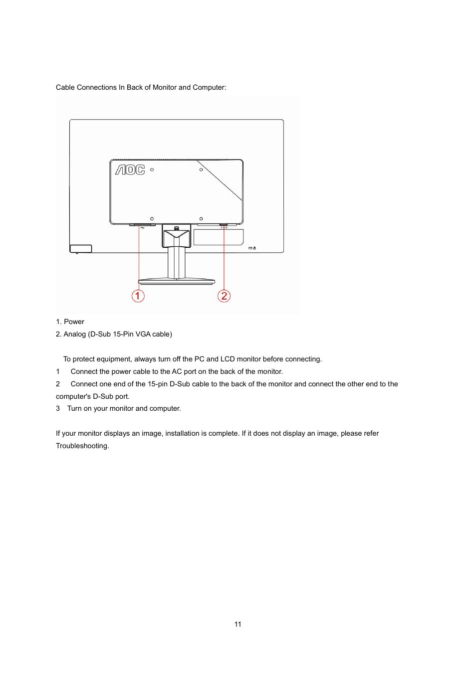 Connecting the monitor | AOC e2070Swn User Manual | Page 11 / 50