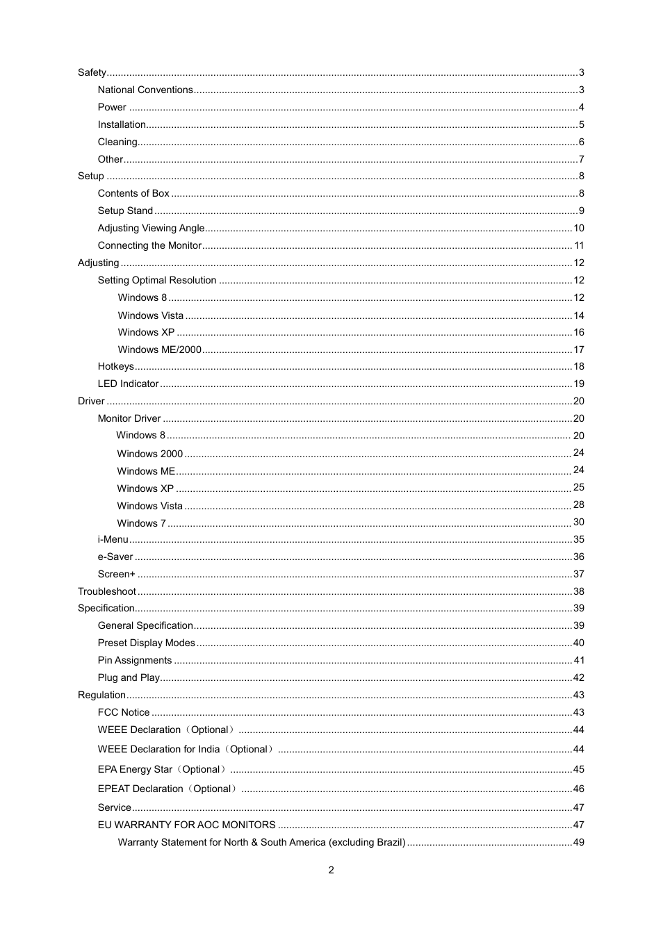 AOC e2070Swn User Manual | Page 2 / 50