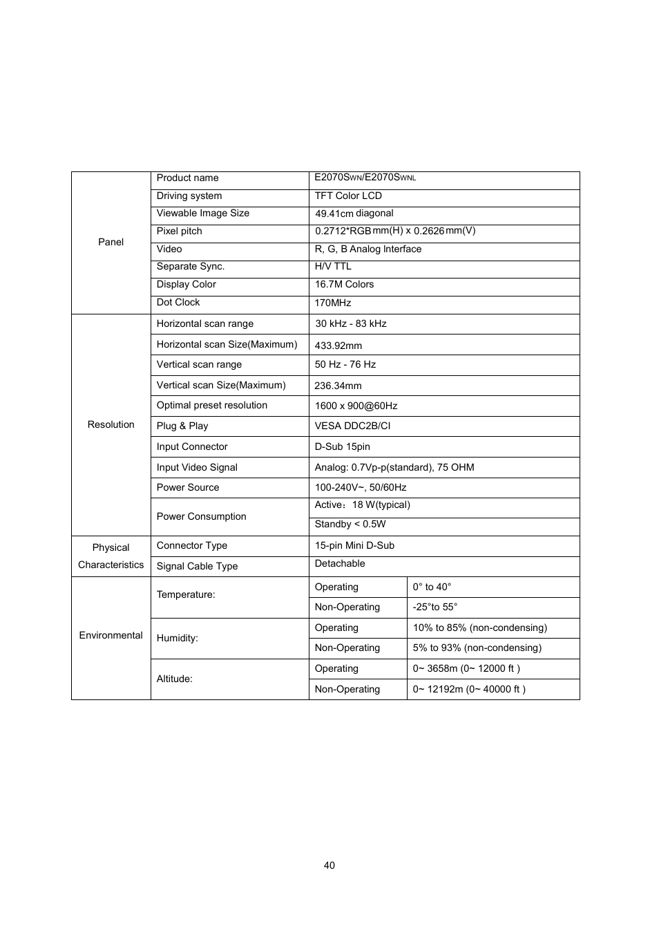 Specification, General specification | AOC e2070Swn User Manual | Page 39 / 50