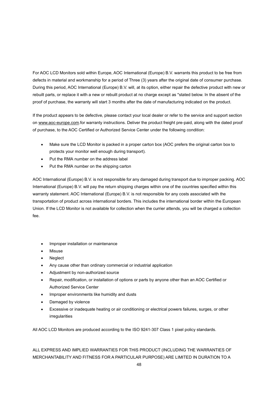 Service, Eu warranty for aoc monitors, Service eu warranty for aoc monitors | AOC e2070Swn User Manual | Page 47 / 50