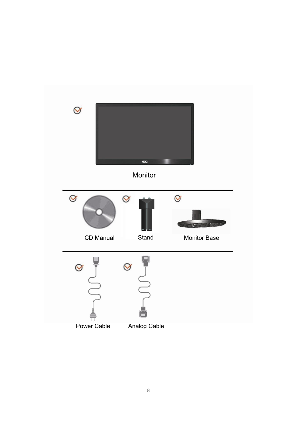 Setup, Contents of box, Monitor | AOC e2070Swn User Manual | Page 8 / 50