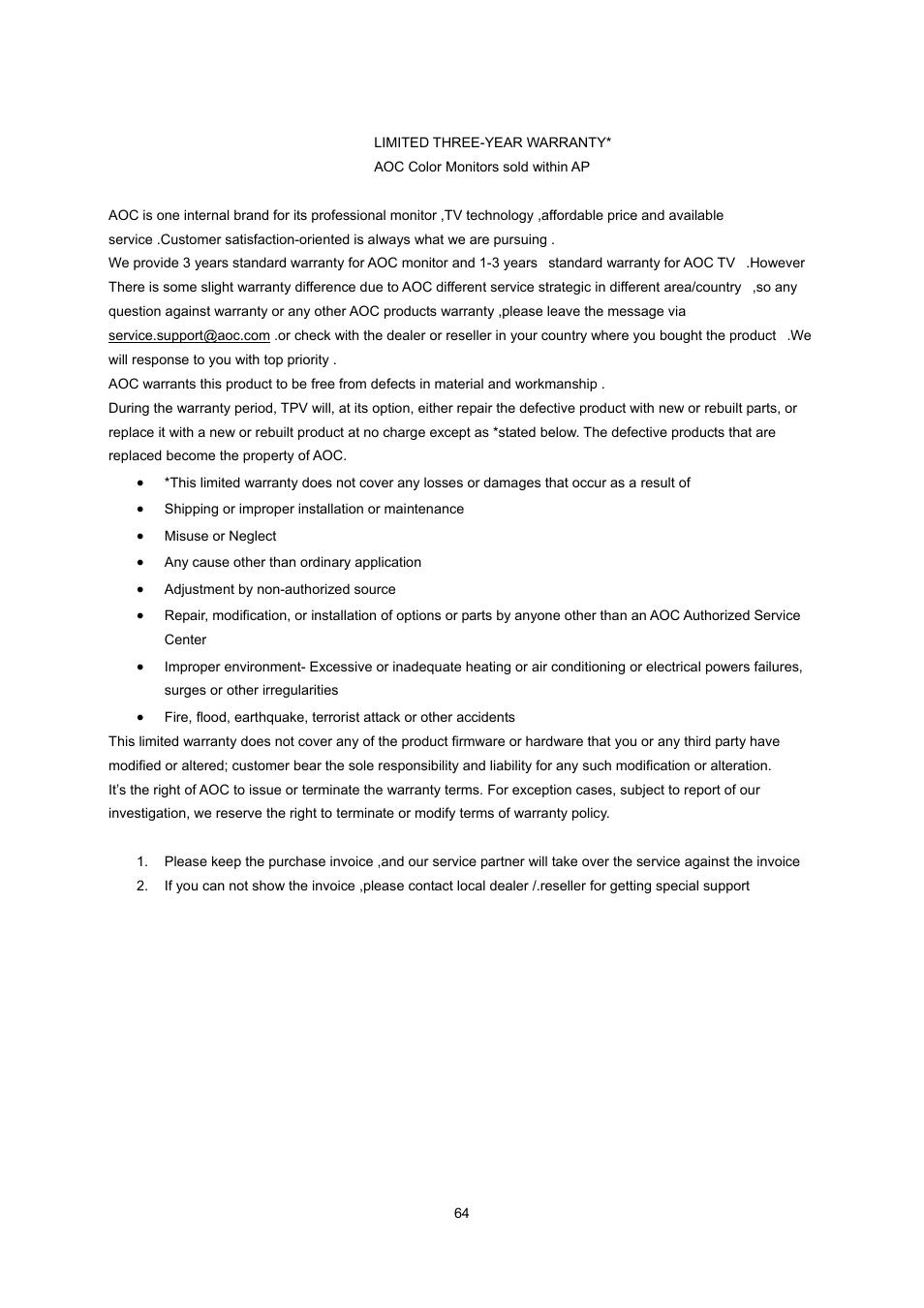 Warranty statement for ap | AOC n2041S User Manual | Page 64 / 64