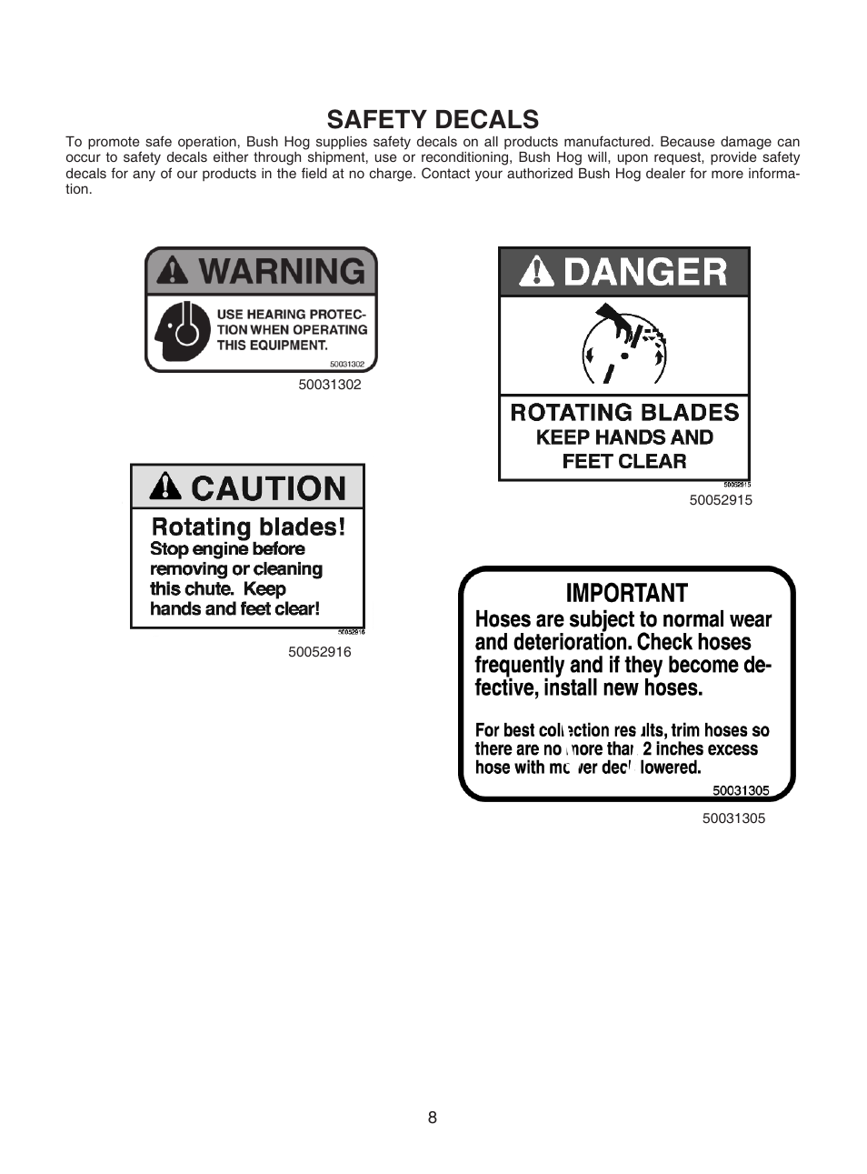 Safety decals | Bush Hog GC-250 User Manual | Page 10 / 22