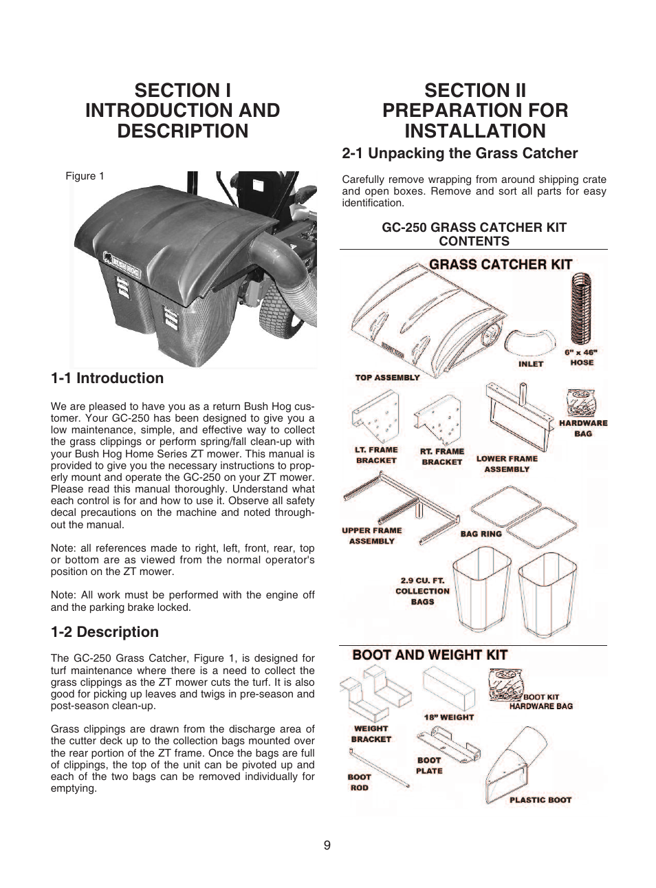 1 introduction, 2 description, 1 unpacking the grass catcher | Bush Hog GC-250 User Manual | Page 11 / 22