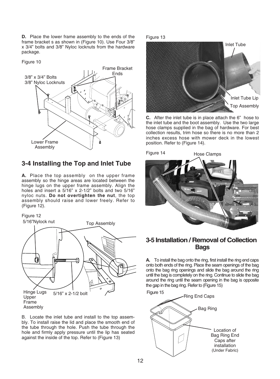 4 installing the top and inlet tube, 5 installation / removal of collection bags | Bush Hog GC-250 User Manual | Page 14 / 22