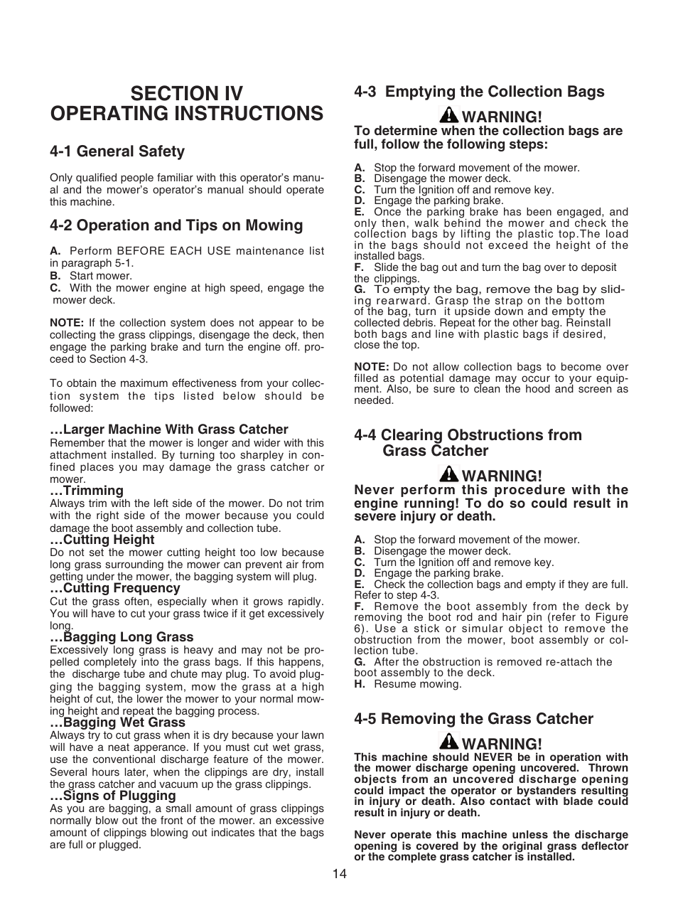 1 general safety, 2 operation and tips on mowing, 3 emptying the collection bags | Warning, 4 clearing obstructions from grass catcher, 5 removing the grass catcher | Bush Hog GC-250 User Manual | Page 16 / 22