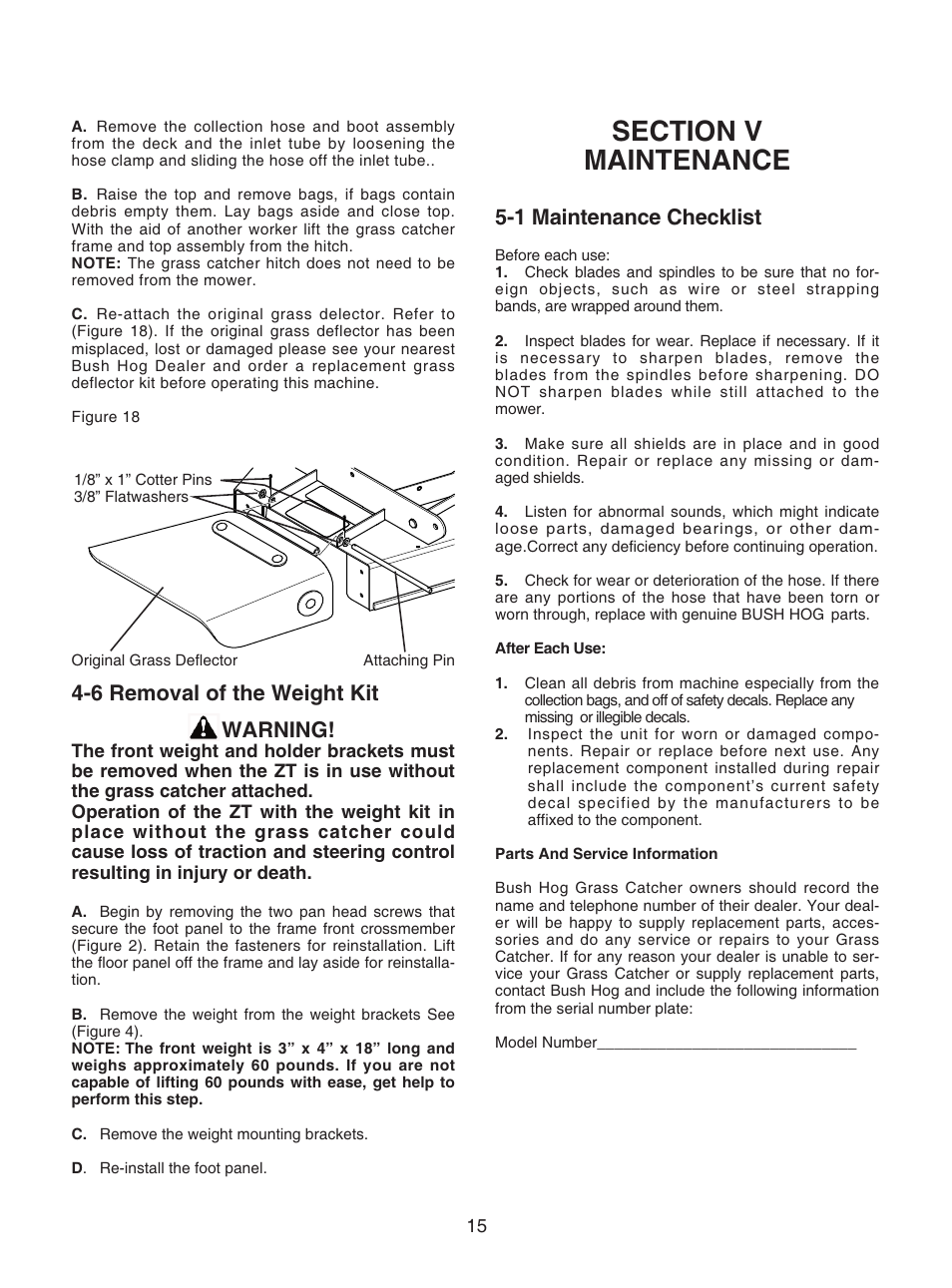 6 removal of the weight kit, Warning, 1 maintenance checklist | Bush Hog GC-250 User Manual | Page 17 / 22