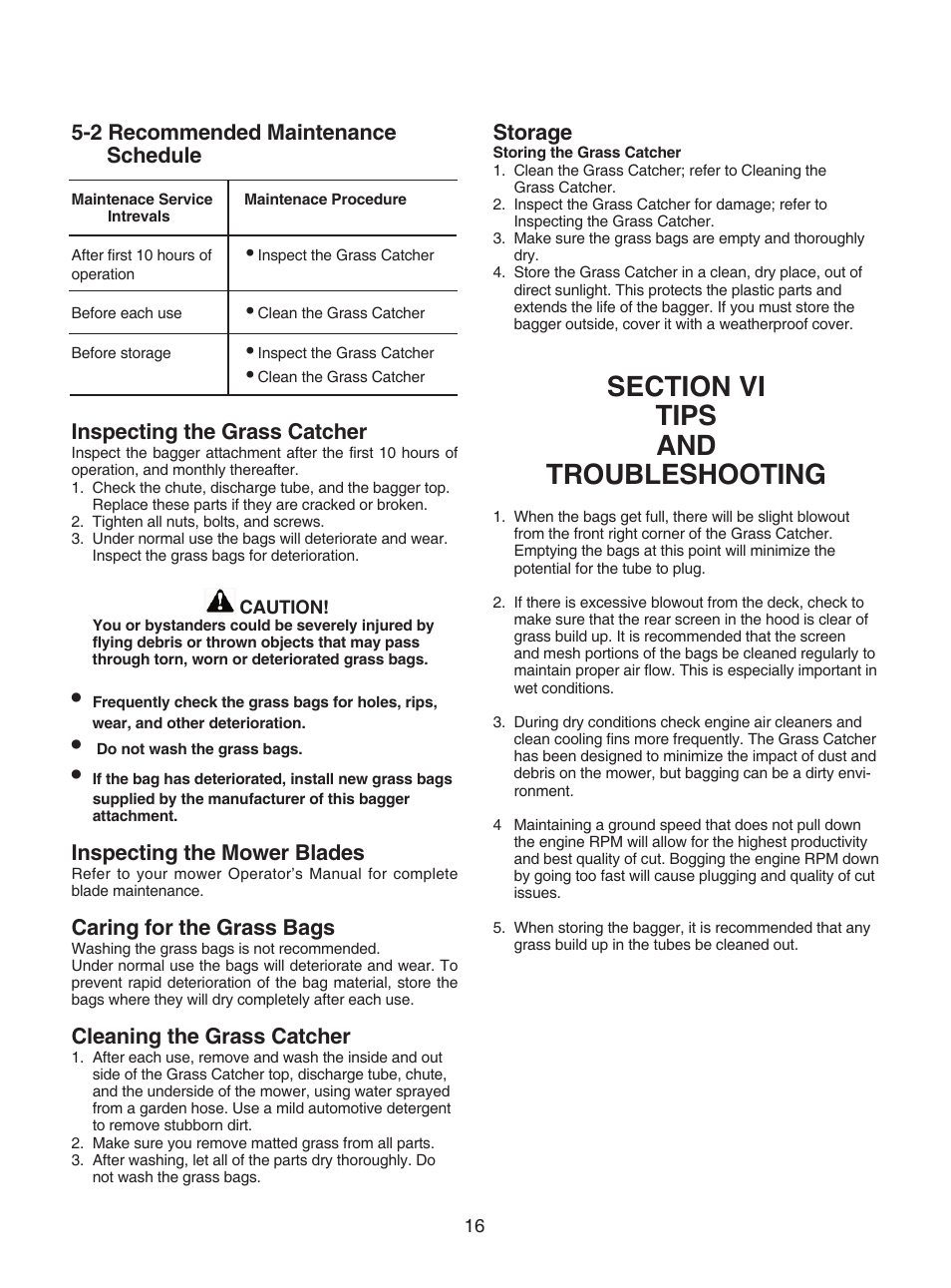 2 recommended maintenance schedule, Inspecting the grass catcher, Inspecting the mower blades | Caring for the grass bags, Cleaning the grass catcher, Storage | Bush Hog GC-250 User Manual | Page 18 / 22