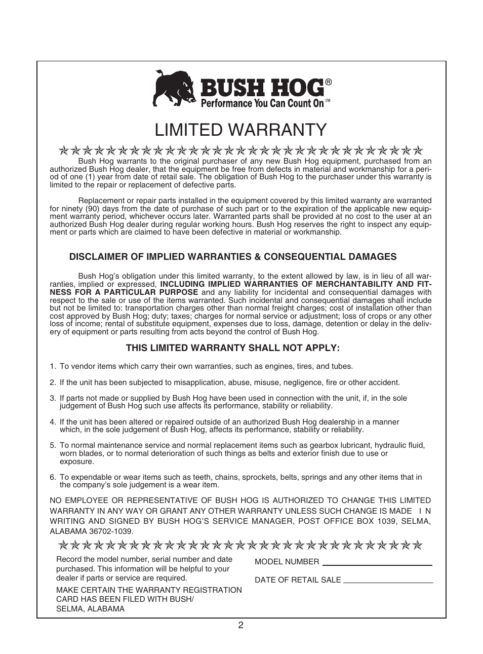 Limited warranty | Bush Hog GC-250 User Manual | Page 4 / 22