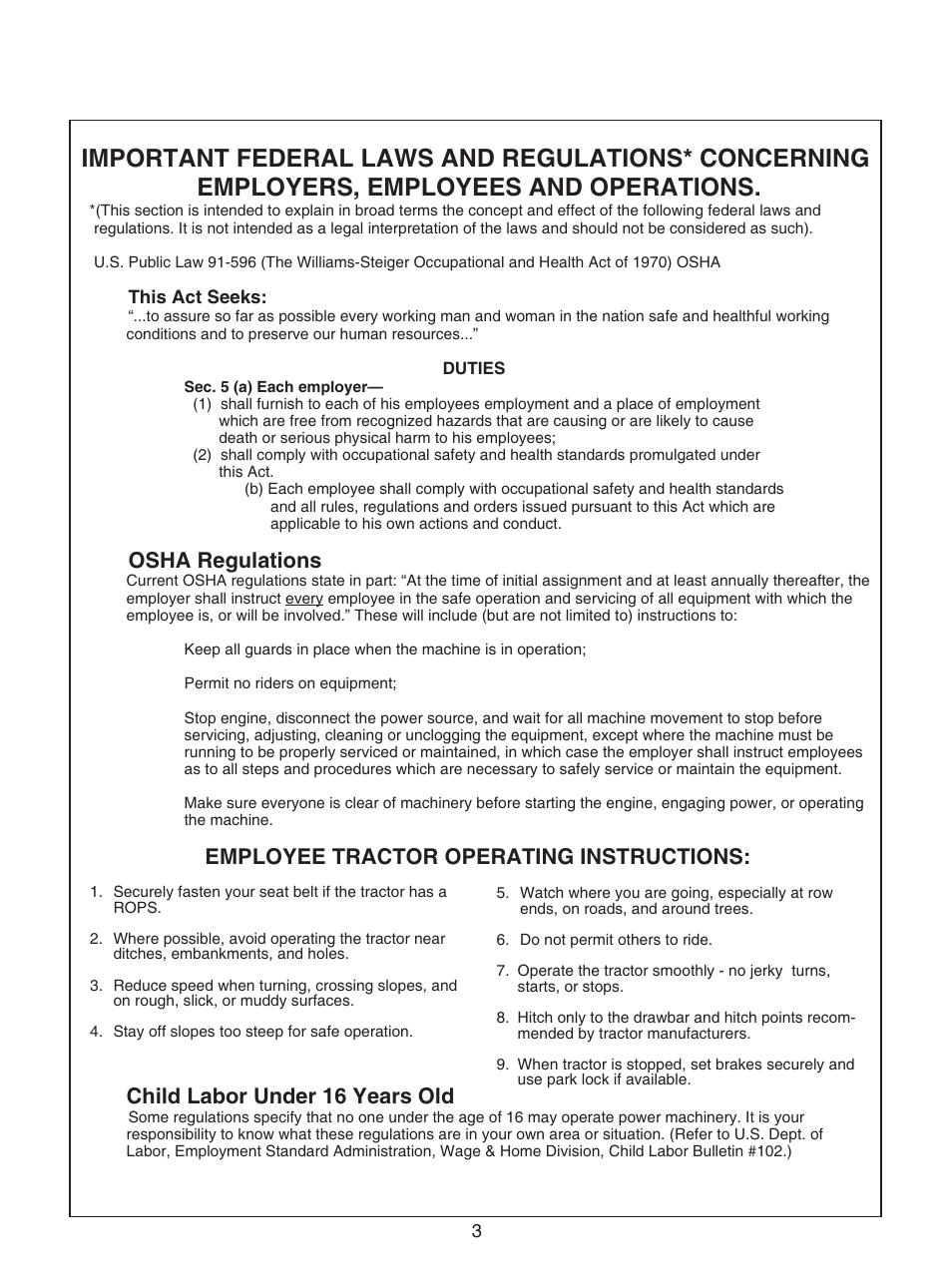 Osha regulations, Child labor under 16 years old, Employee tractor operating instructions | Bush Hog GC-250 User Manual | Page 5 / 22