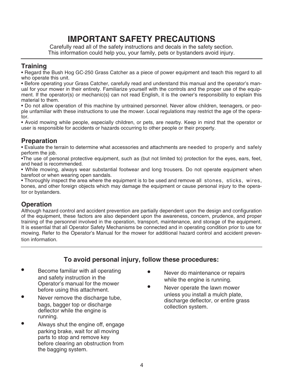 Important safety precautions | Bush Hog GC-250 User Manual | Page 6 / 22