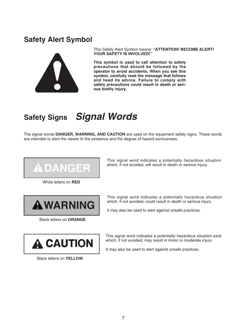 Signal words, Safety alert symbol, Safety signs | Bush Hog GC-250 User Manual | Page 9 / 22