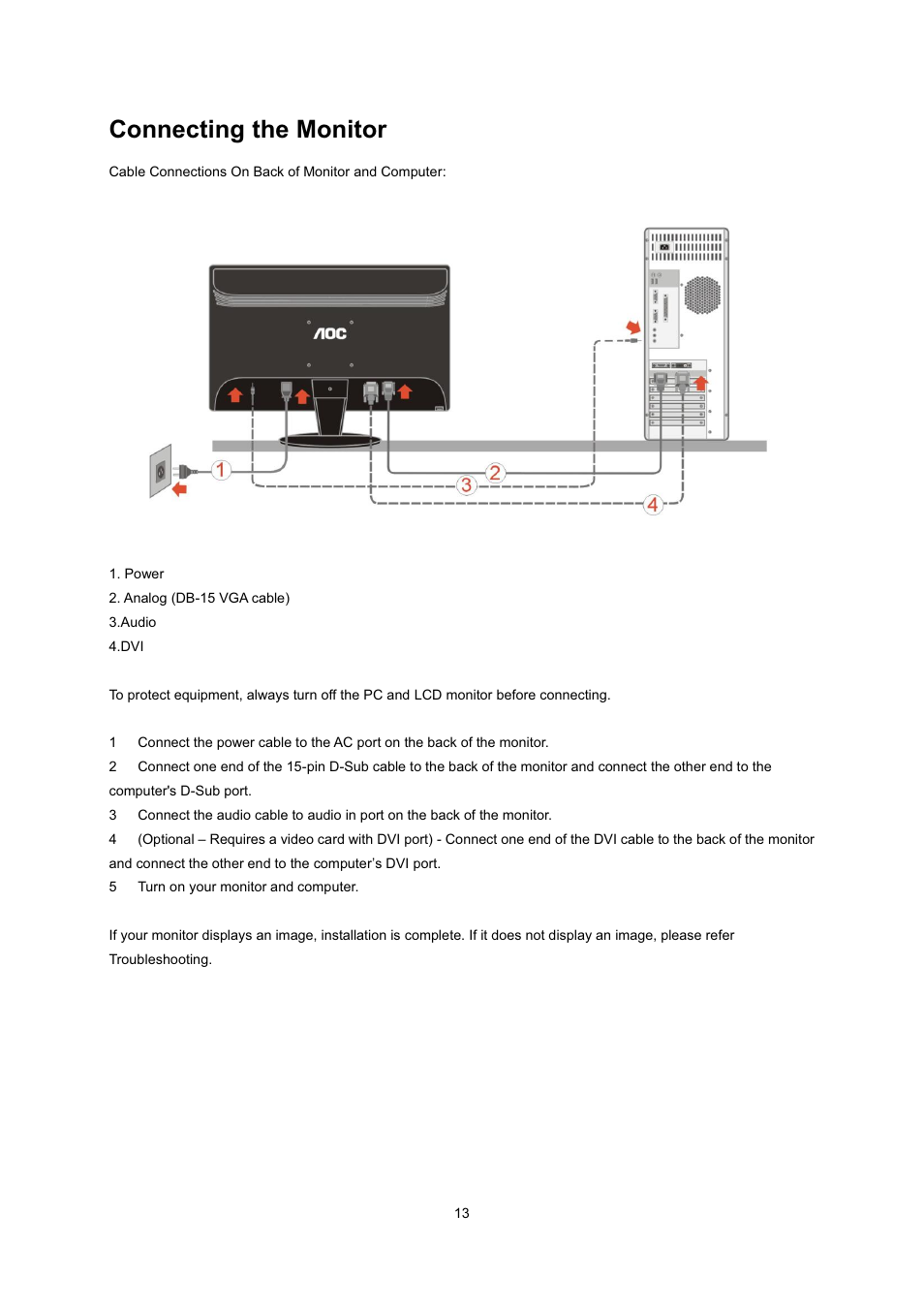 Connecting the monitor | AOC 2236Vwa User Manual | Page 13 / 60