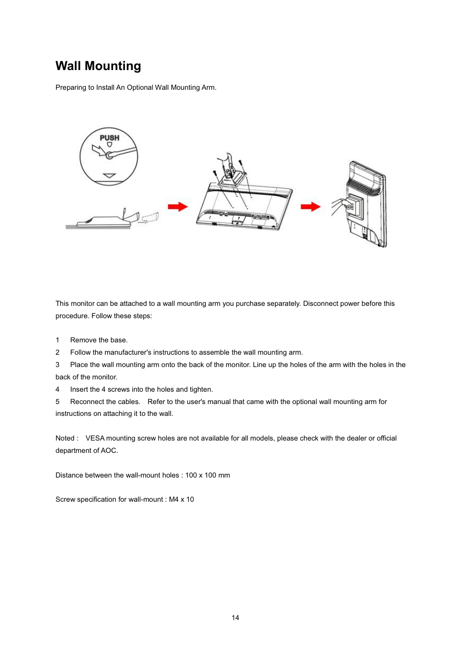 Wall mounting | AOC 2236Vwa User Manual | Page 14 / 60