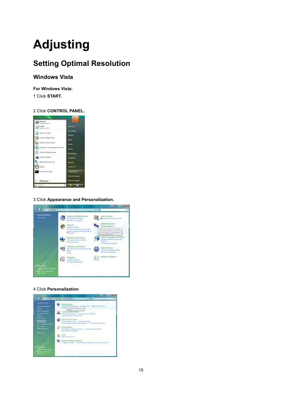 Adjusting, Setting optimal resolution | AOC 2236Vwa User Manual | Page 15 / 60