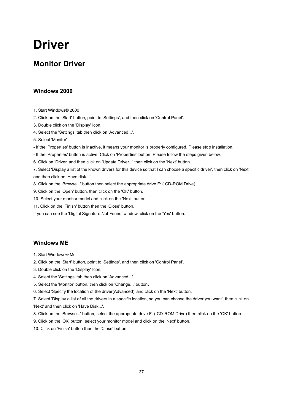 Driver, Monitor driver, Windows 2000 | Windows me | AOC 2236Vwa User Manual | Page 37 / 60