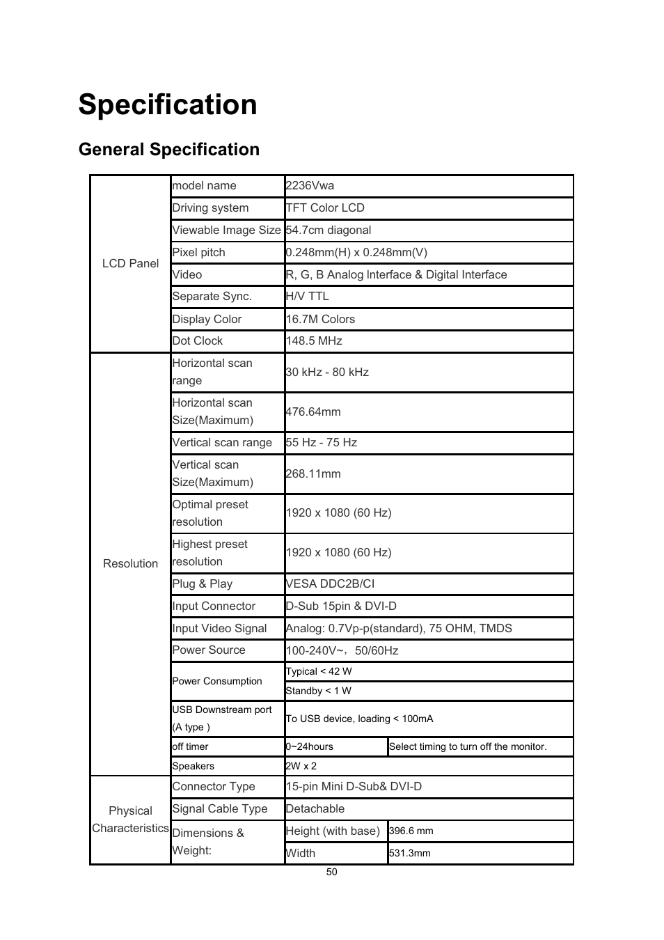 Specification, General specification | AOC 2236Vwa User Manual | Page 50 / 60