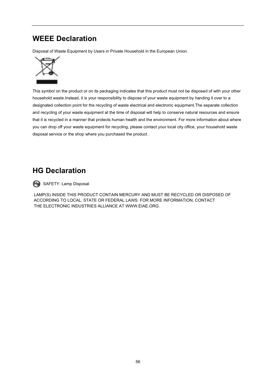 Weee declaration, Hg declaration | AOC 2236Vwa User Manual | Page 56 / 60