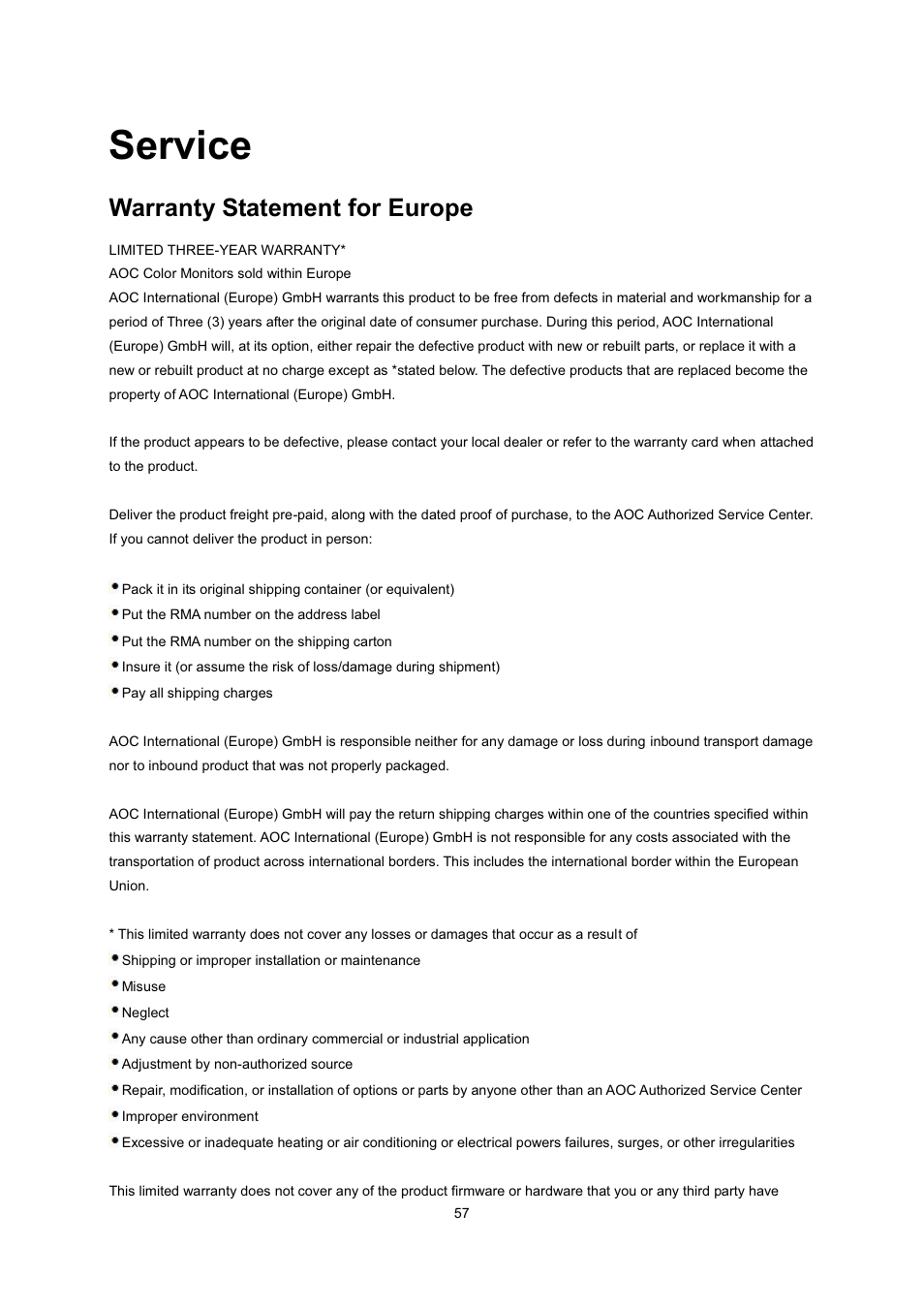 Service, Warranty statement for europe | AOC 2236Vwa User Manual | Page 57 / 60