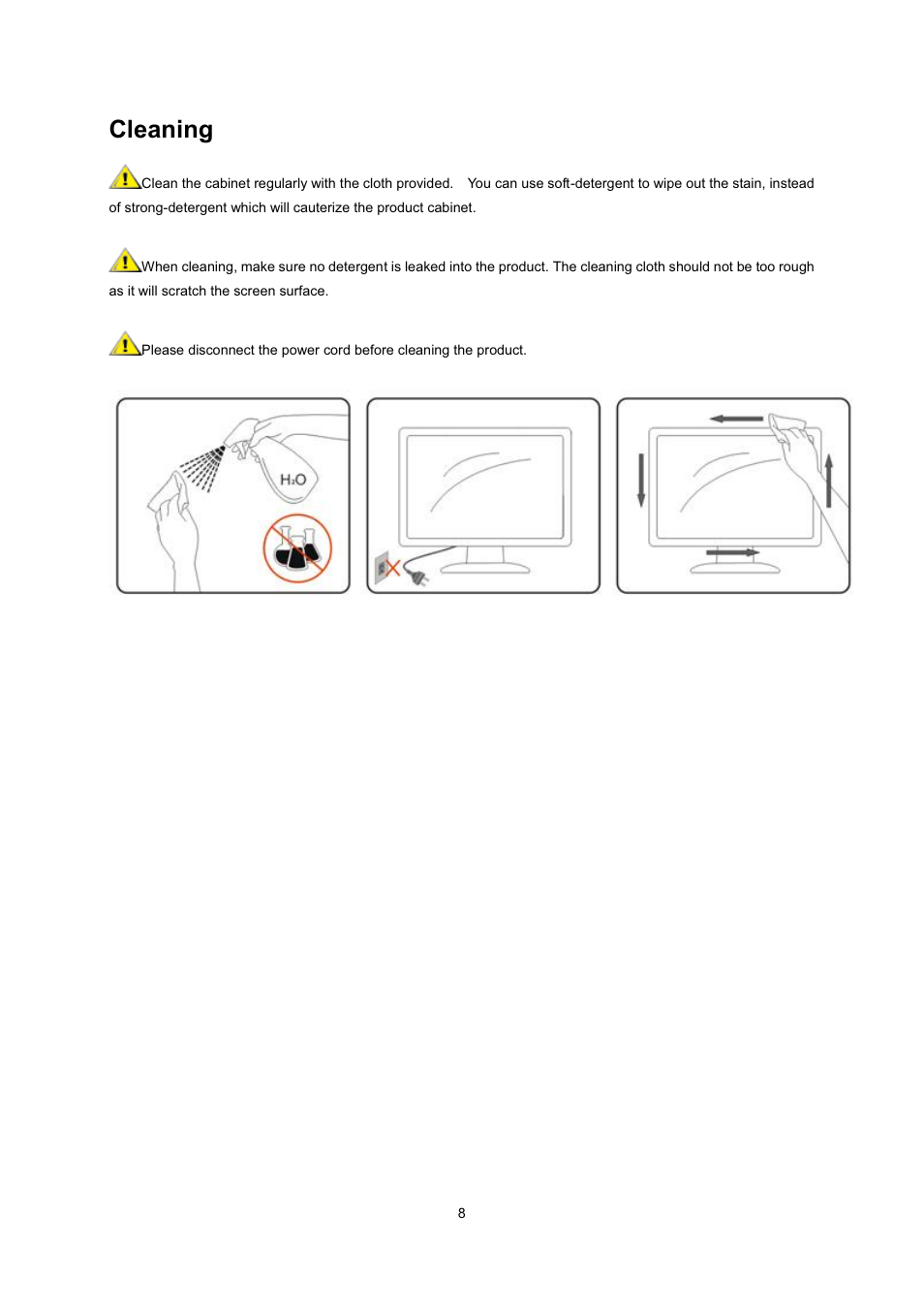 Cleaning | AOC 2236Vwa User Manual | Page 8 / 60