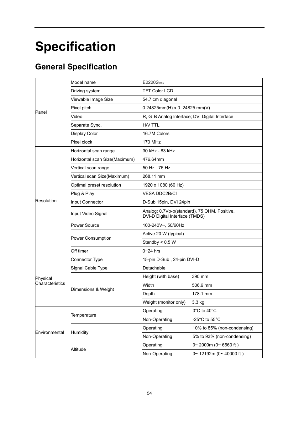 Specification, General specification | AOC e2220Swdn User Manual | Page 54 / 68