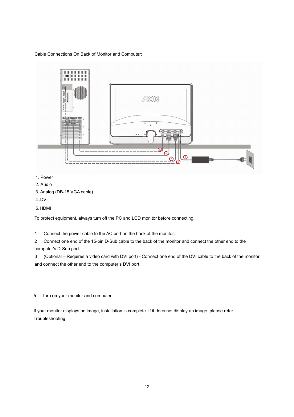 Connecting the monitor | AOC e2237Fwh User Manual | Page 12 / 65