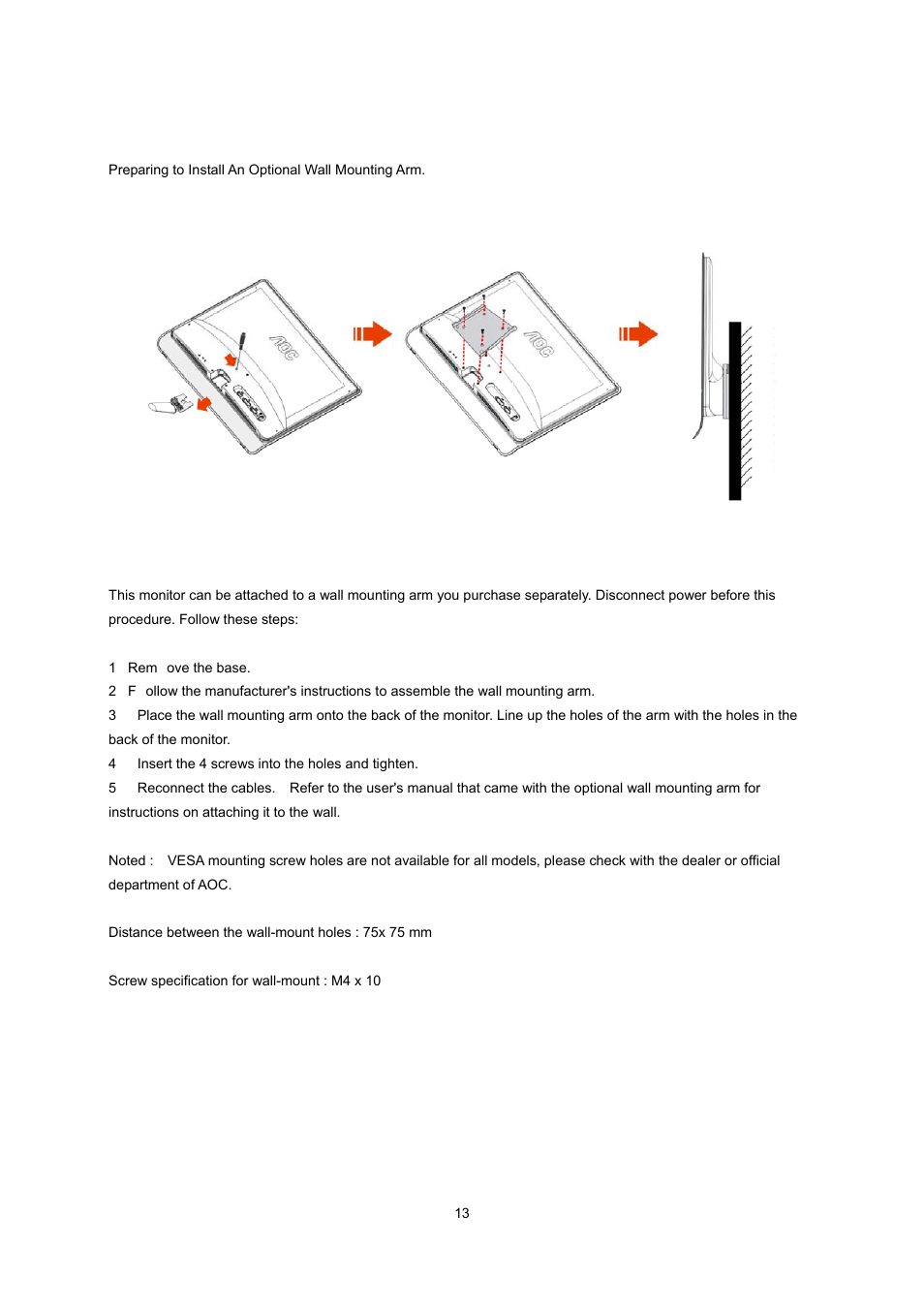 Wall mounting | AOC e2237Fwh User Manual | Page 13 / 65