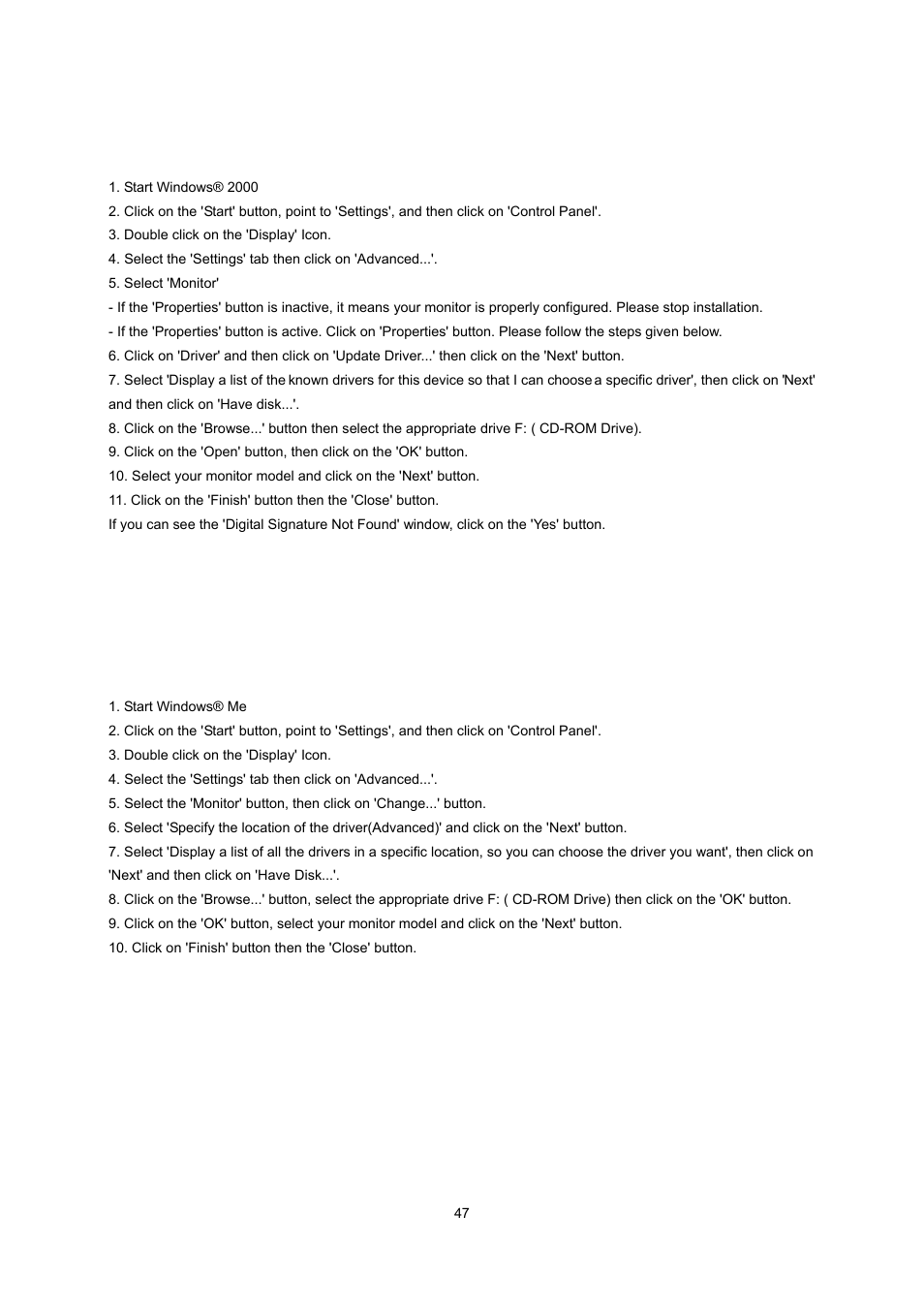 Windows 2000, Windows me | AOC e2237Fwh User Manual | Page 47 / 65
