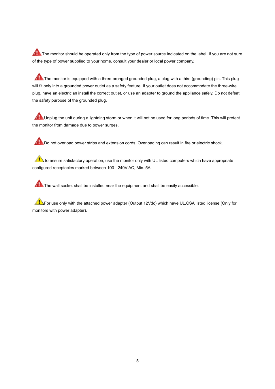 Power | AOC e2237Fwh User Manual | Page 5 / 65