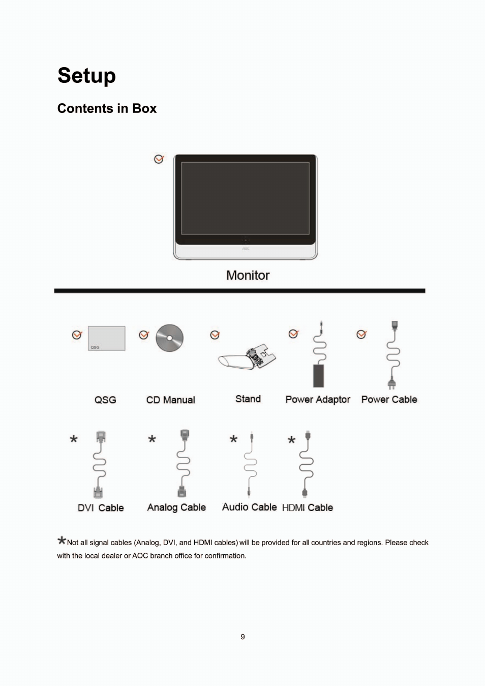 Setup, Contents in box | AOC e2237Fwh User Manual | Page 9 / 65