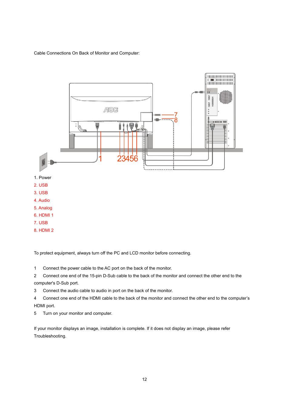 Connecting the monitor | AOC e2239Fwt User Manual | Page 12 / 62