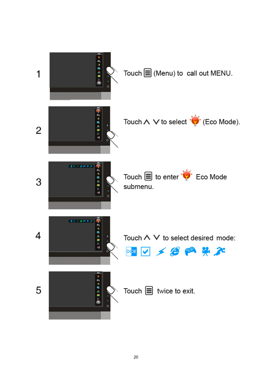 Eco mode | AOC e2239Fwt User Manual | Page 20 / 62