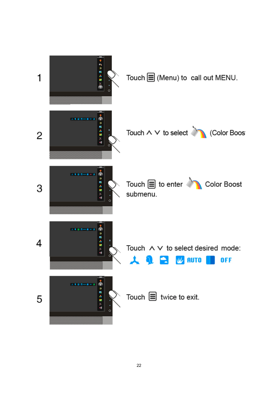 Color boost | AOC e2239Fwt User Manual | Page 22 / 62