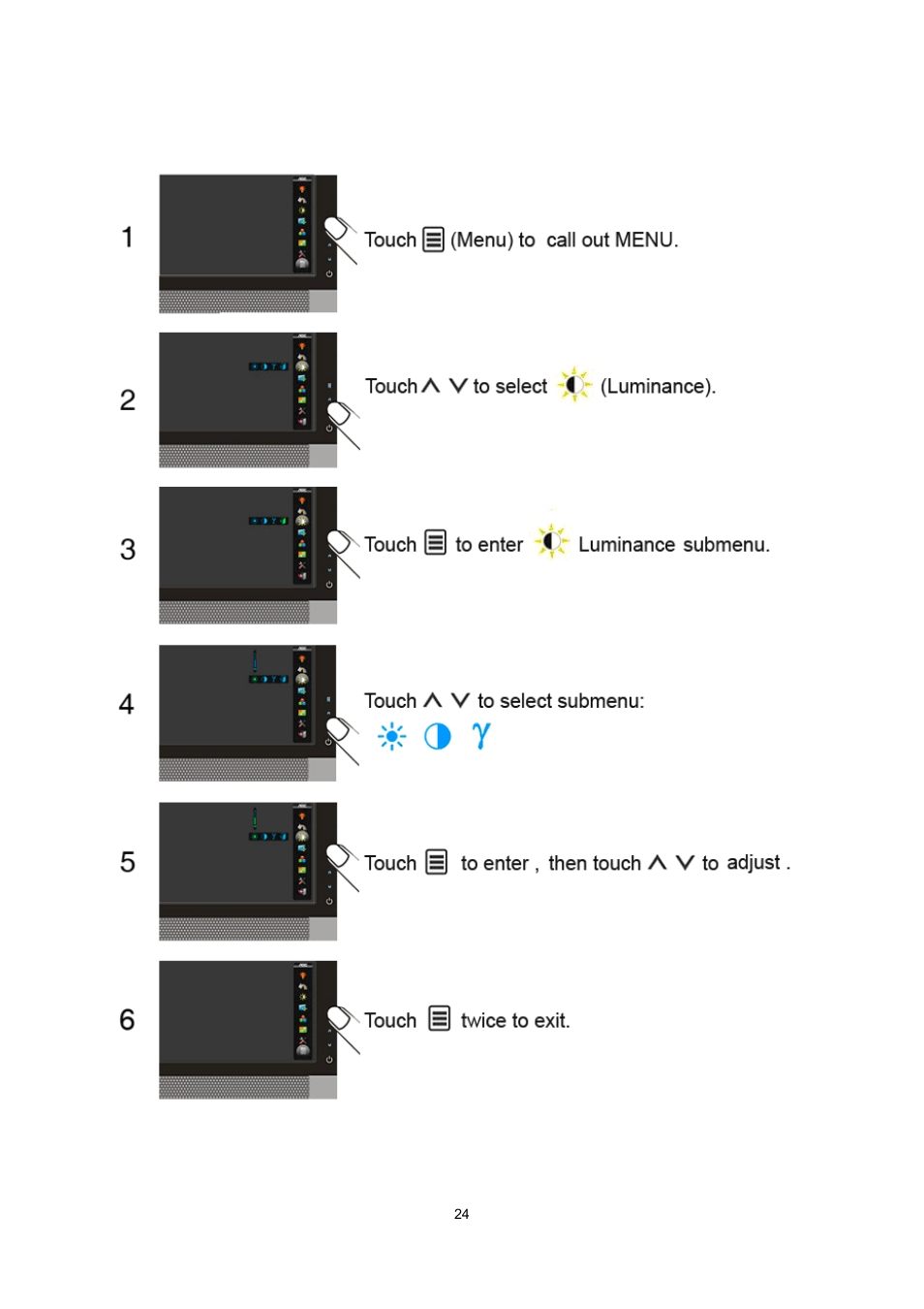 Luminance | AOC e2239Fwt User Manual | Page 24 / 62