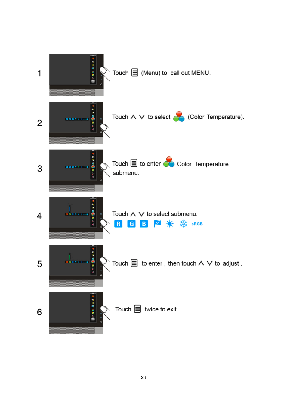 Color temperature | AOC e2239Fwt User Manual | Page 28 / 62