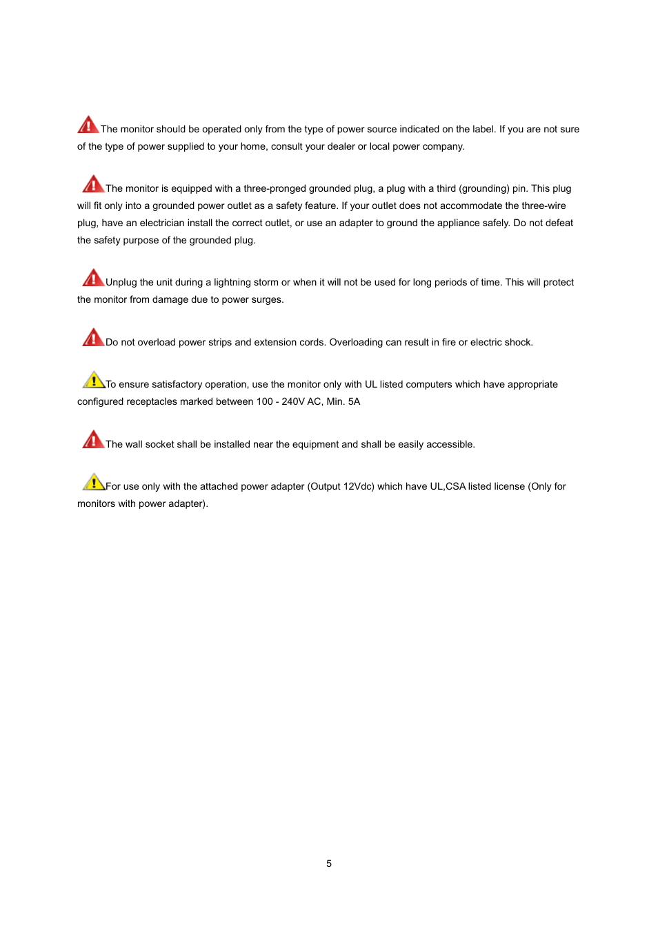 Power | AOC e2239Fwt User Manual | Page 5 / 62