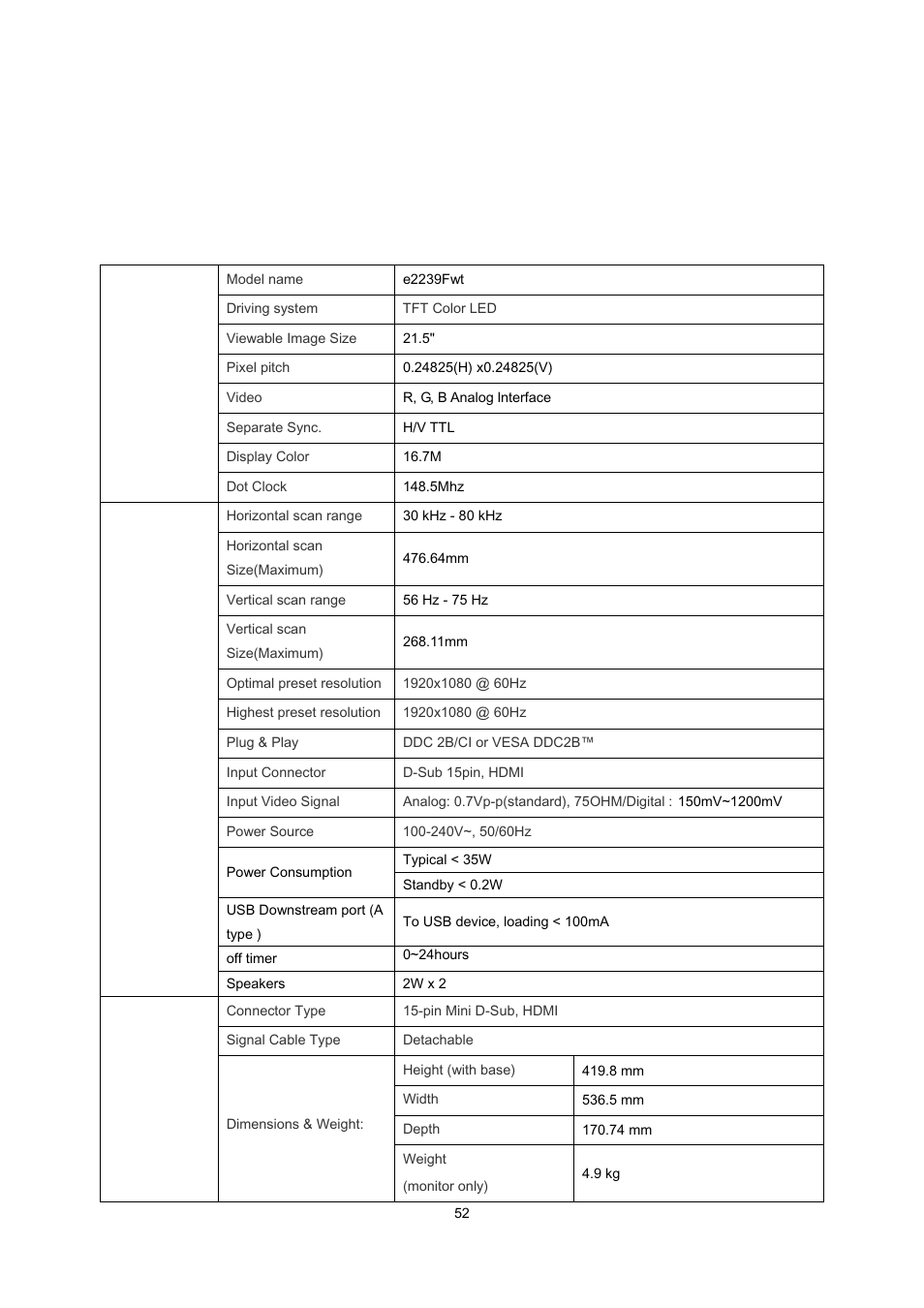 Specification, General specification | AOC e2239Fwt User Manual | Page 52 / 62