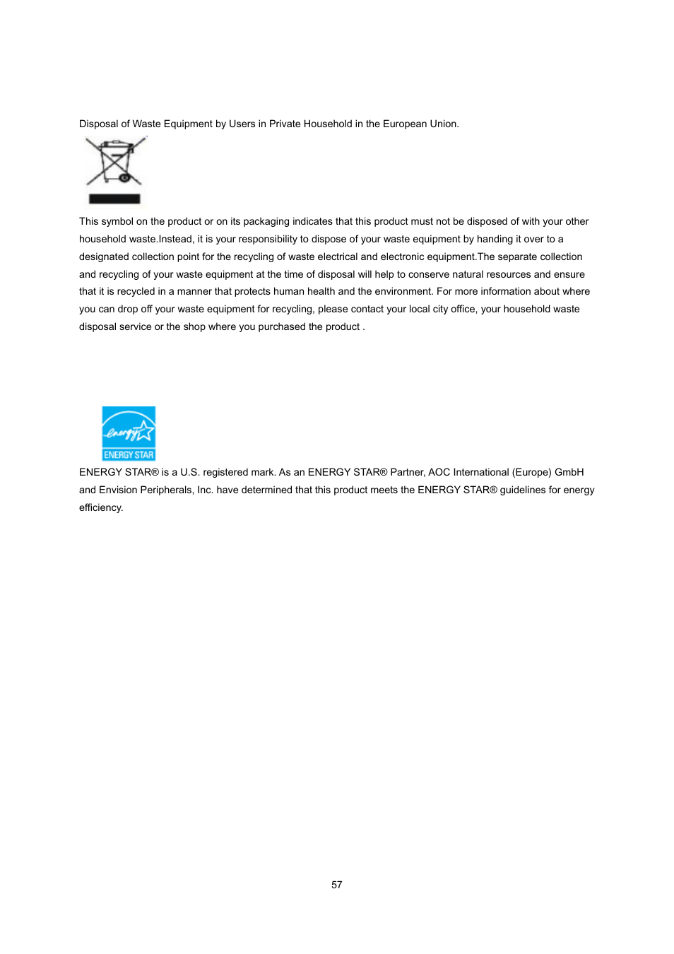 Epa energy star, Weee declaration | AOC e2239Fwt User Manual | Page 57 / 62