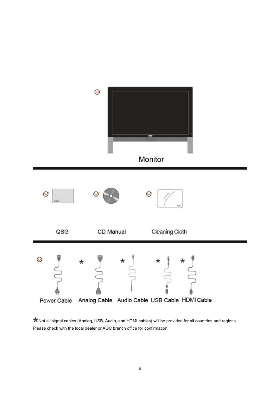 Setup, Contents in box | AOC e2239Fwt User Manual | Page 9 / 62