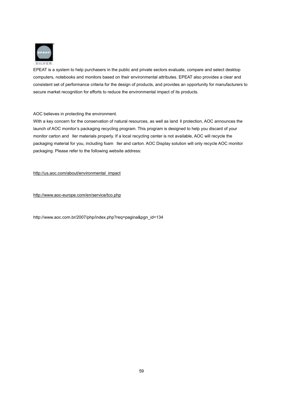 Epeat declaration | AOC e2243Fwk User Manual | Page 58 / 63