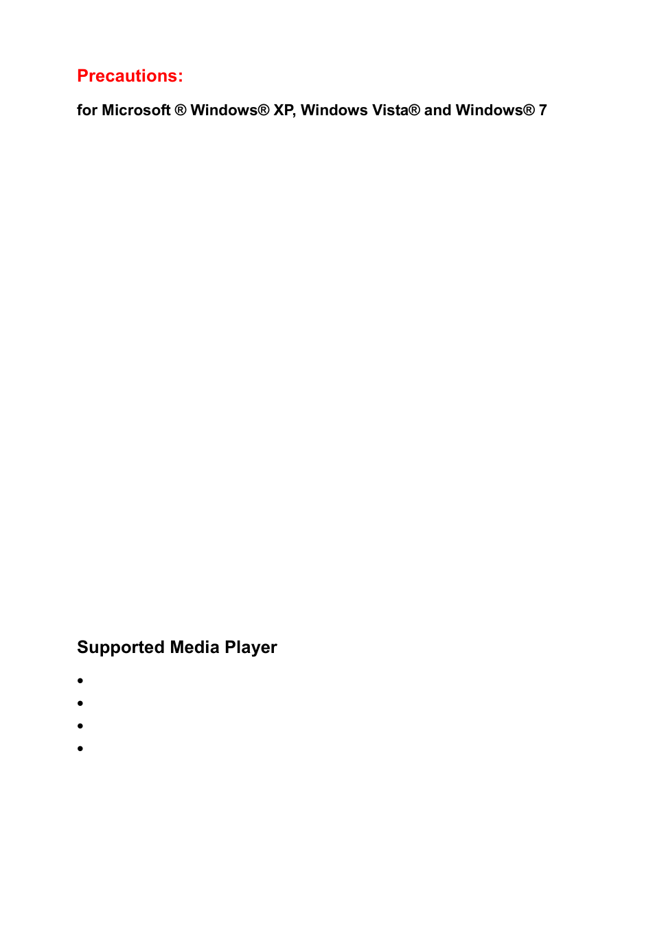 Supported media player, Precautions | AOC e2251Fwu User Manual | Page 19 / 32