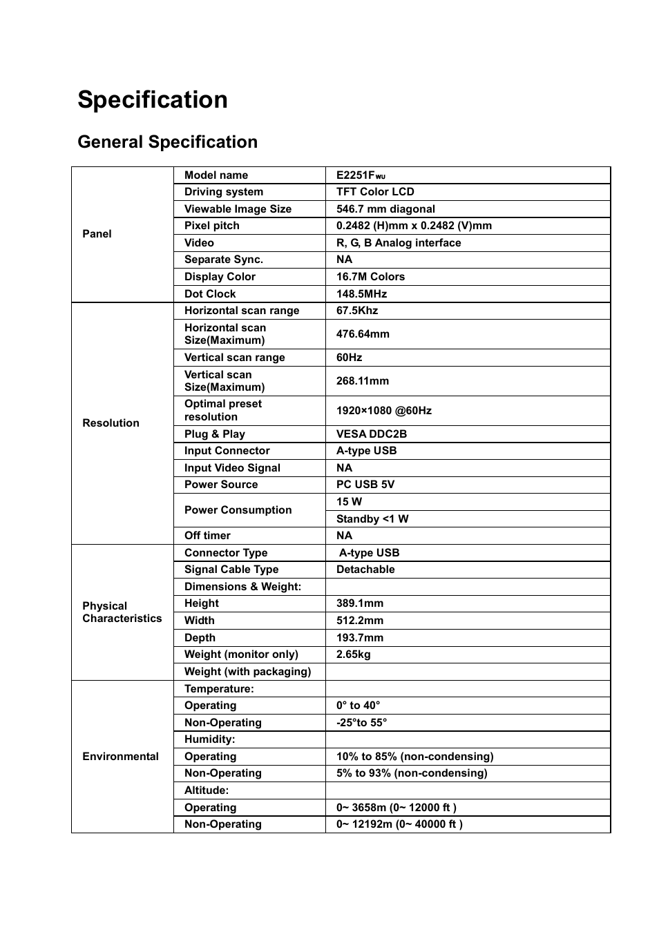 Specification, General specification | AOC e2251Fwu User Manual | Page 24 / 32