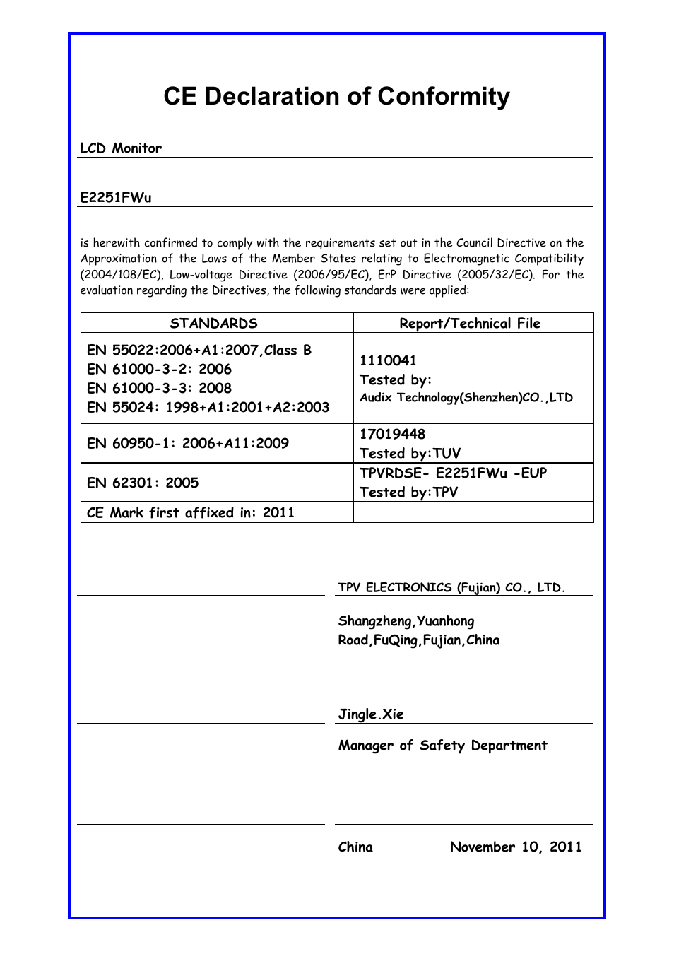 Ce declaration of conformity | AOC e2251Fwu User Manual | Page 31 / 32