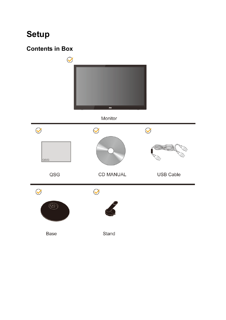 Setup, Contents in box | AOC e2251Fwu User Manual | Page 7 / 32