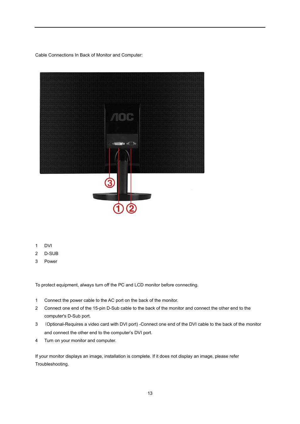 Connecting the monitor | AOC e2251Swdn User Manual | Page 13 / 59