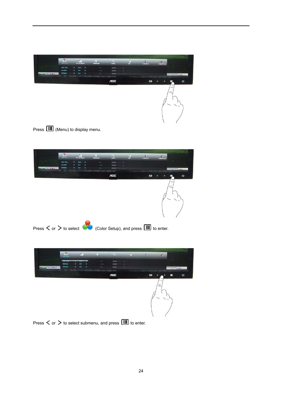 Color setup | AOC e2251Swdn User Manual | Page 24 / 59