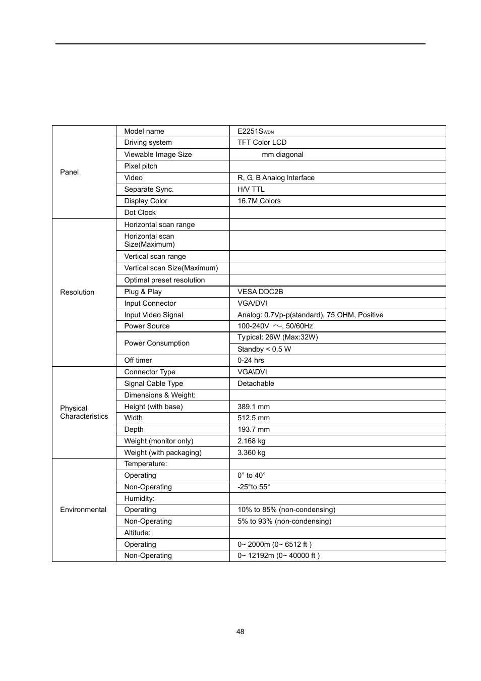 Specification, General specification | AOC e2251Swdn User Manual | Page 48 / 59