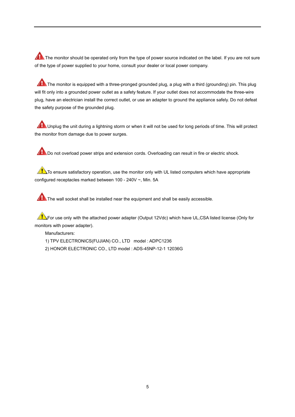 Power | AOC e2251Swdn User Manual | Page 5 / 59