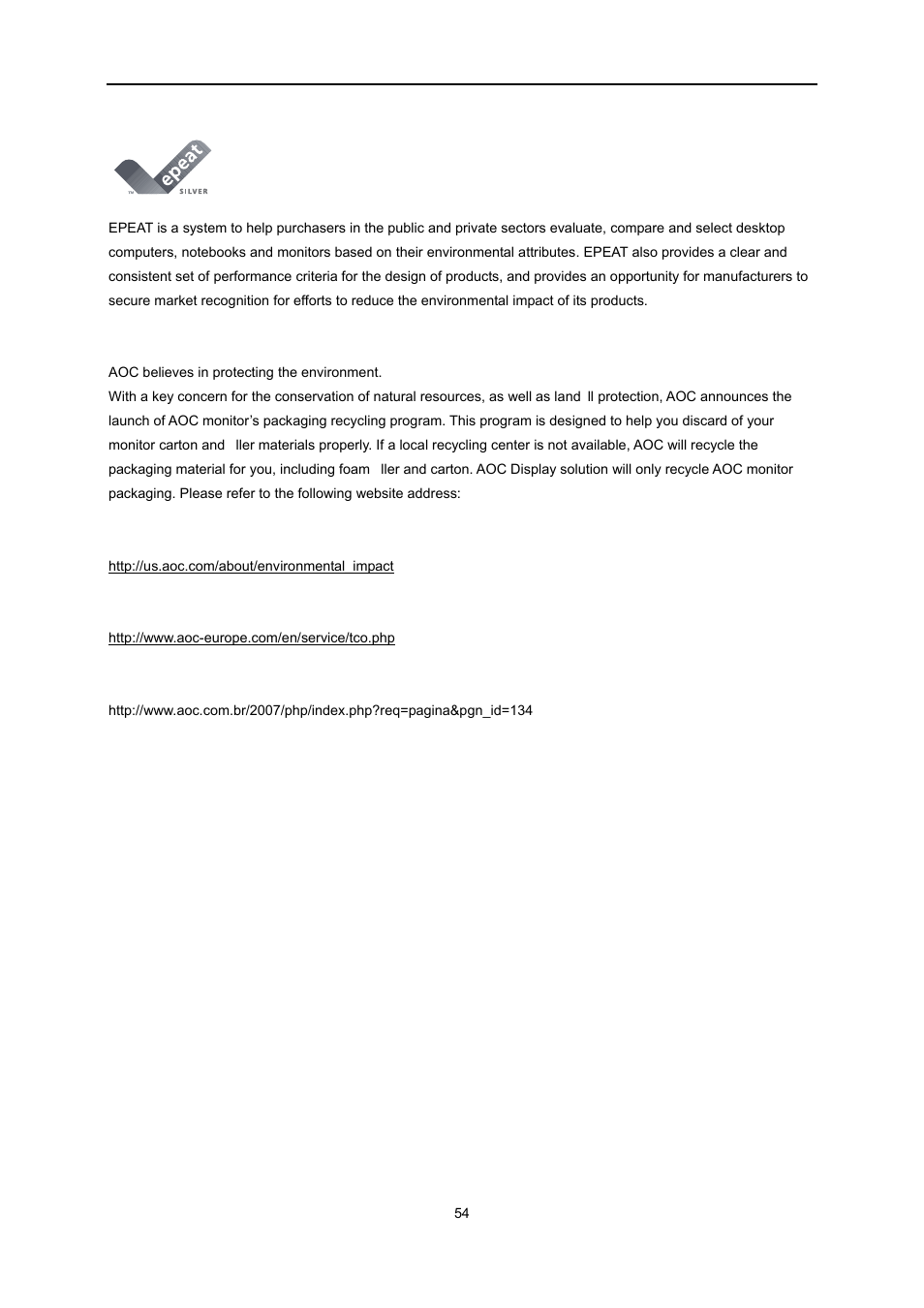Epeat declaration | AOC e2251Swdn User Manual | Page 54 / 59