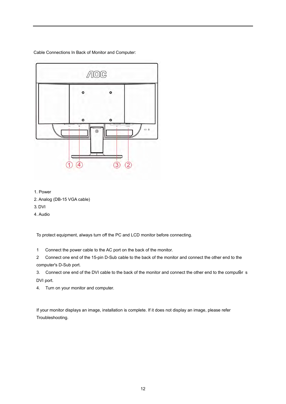 Connecting the monitor | AOC e2260Swda User Manual | Page 12 / 61